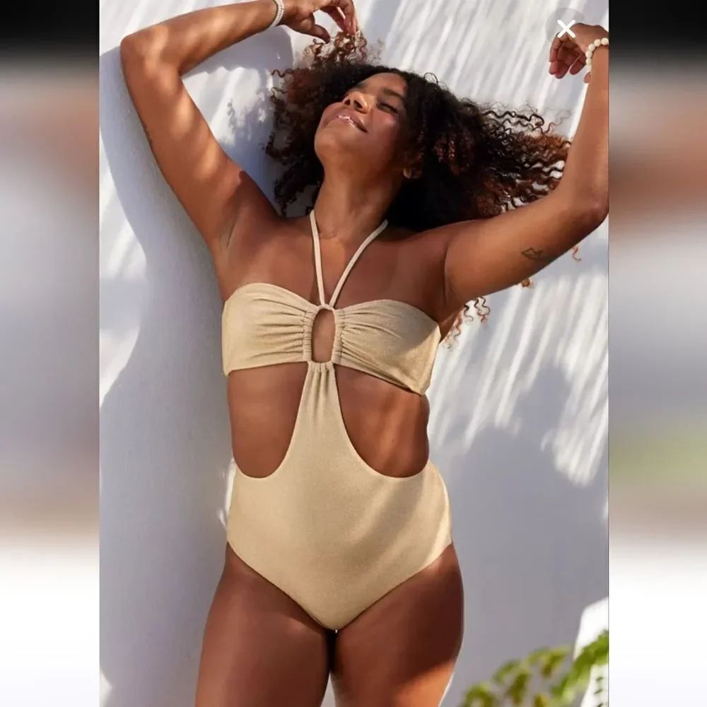 Aerie Sparkle Halter Cutout One Piece Swimsuit Golden Oak Size XL